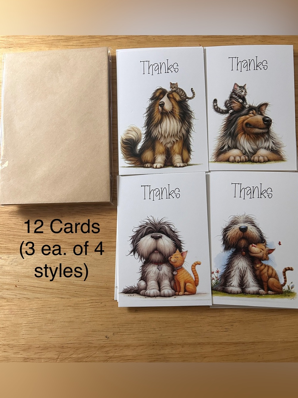 Amusing Dog & Cat “Thanks” Notecards 12 Cards/12 Envel.